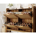 Meuble à chaussures bohème en rotin avec 4 tiroirs basculants, meuble de rangement à chaussures fin autoportant avec étagères réglables pour entrée ou couloir, marron