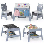 Costway Ensemble table et chaises 5 en 1 pour enfants avec tableau noir, tableau blanc, 3 bacs de rangement, 4 crochets gris + blanc/naturel + blanc + orange