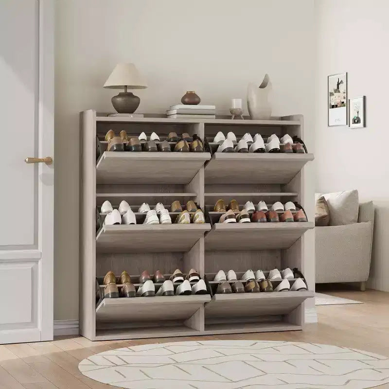 Meuble à chaussures avec 6 tiroirs basculants, meuble à chaussures en bois avec étagères réglables, organiseur de rangement à chaussures à 3 niveaux pour entrée, couloir, salon