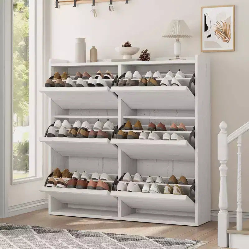 Meuble à chaussures avec 6 tiroirs basculants, meuble à chaussures en bois avec étagères réglables, organiseur de rangement à chaussures à 3 niveaux pour entrée, couloir, salon