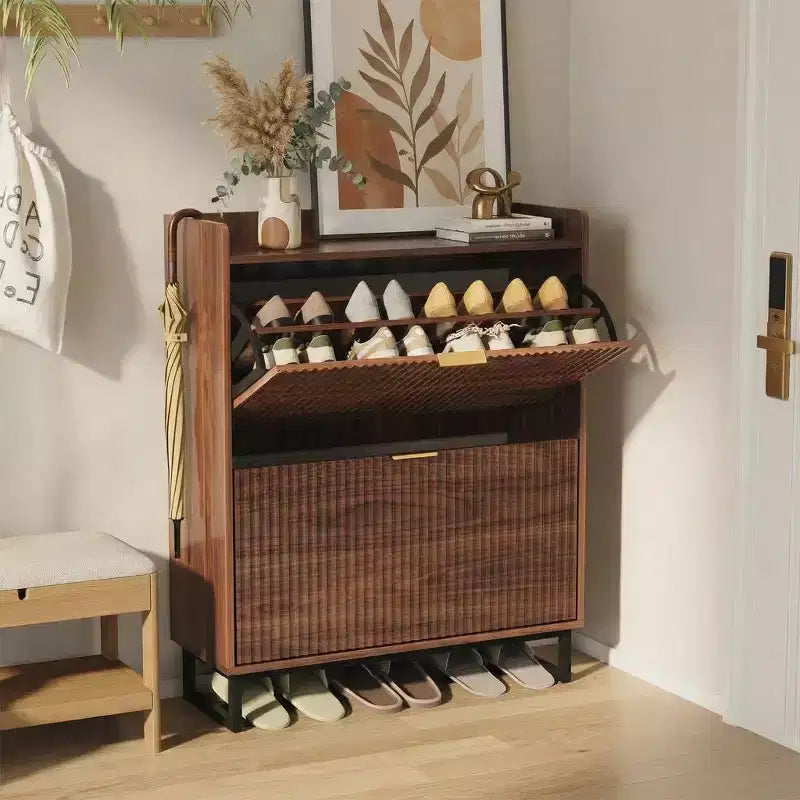 Narrow Fluted Shoe Cabinet with 2 Flip-Doors, Wood Hidden Storage Organizer in Walnut for Entryway (11.8 Deep)