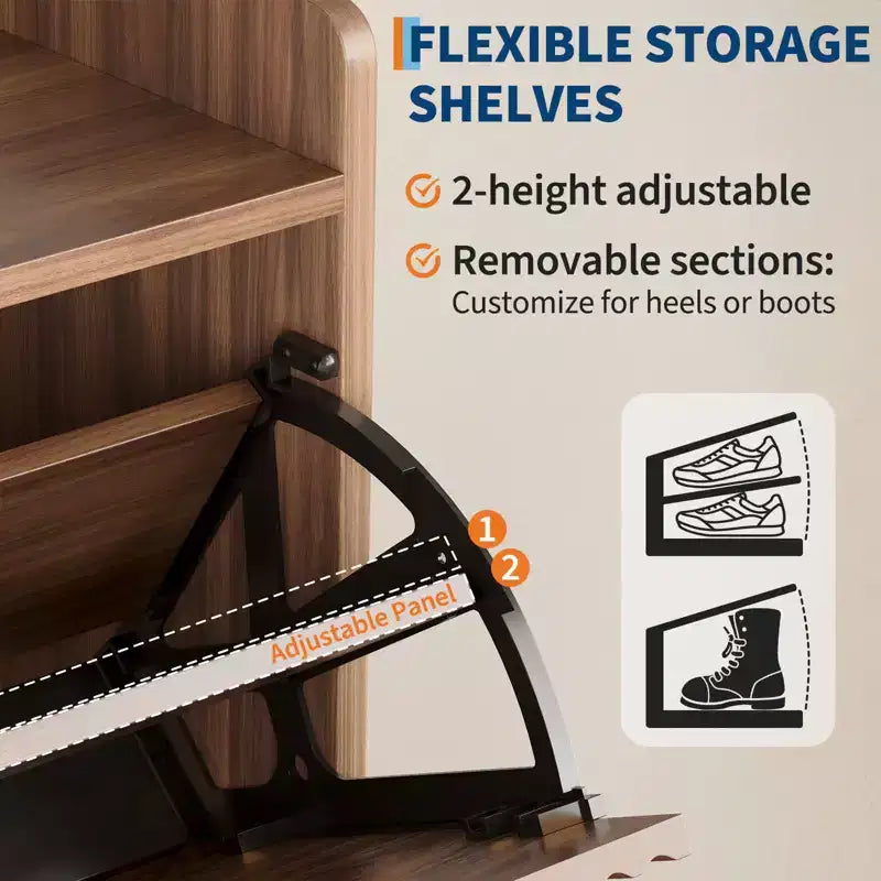 Meuble à chaussures étroit cannelé avec 2 portes basculantes, organiseur de rangement en bois dissimulé en noyer pour entrée (profondeur 30 cm)