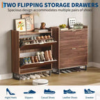 Meuble à chaussures étroit cannelé avec 2 portes basculantes, organiseur de rangement en bois dissimulé en noyer pour entrée (profondeur 30 cm)