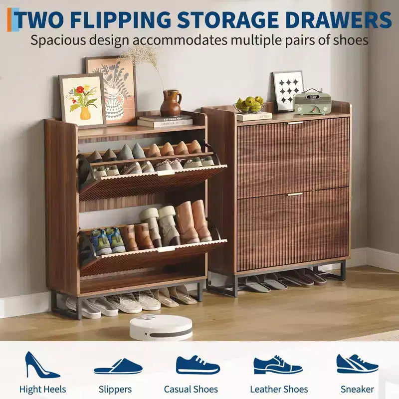 Meuble à chaussures étroit cannelé avec 2 portes basculantes, organiseur de rangement en bois dissimulé en noyer pour entrée (profondeur 30 cm)