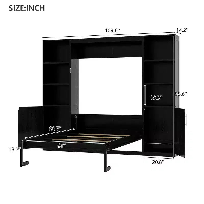 Lit escamotable en bois Whisen Queen et lit pliant avec étagères de rangement et armoires