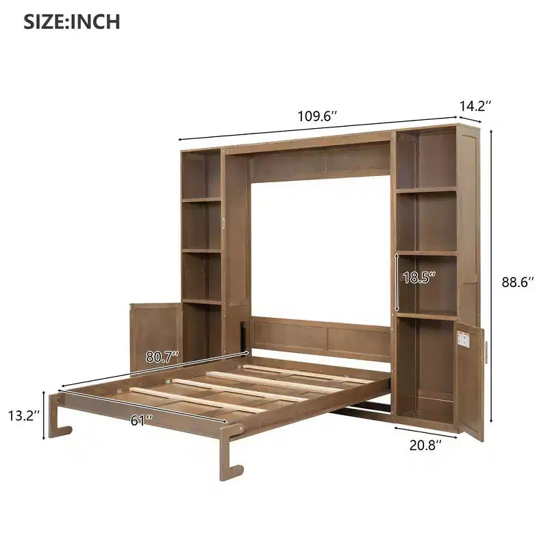 Lit escamotable en bois Whisen Queen et lit pliant avec étagères de rangement et armoires