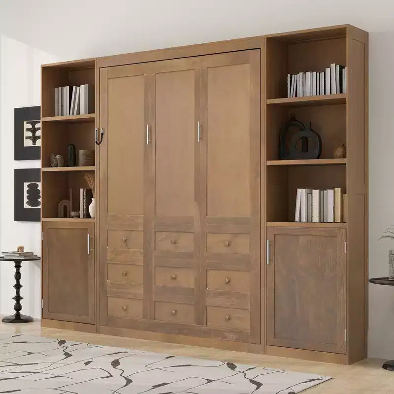 Lit escamotable en bois Whisen Queen et lit pliant avec étagères de rangement et armoires