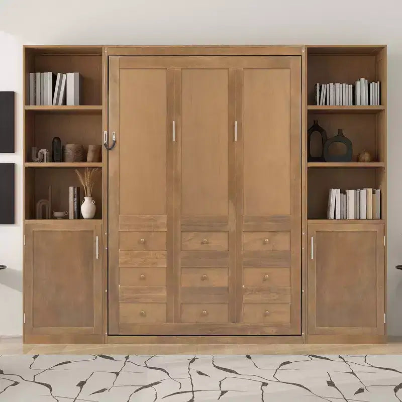 Lit escamotable en bois Whisen Queen et lit pliant avec étagères de rangement et armoires