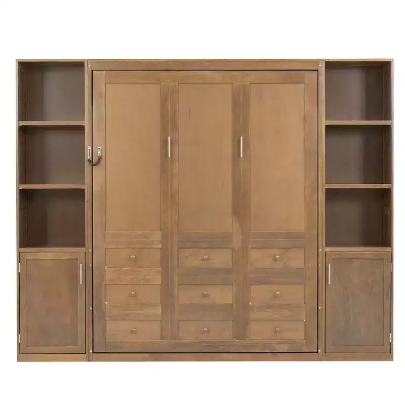 Lit escamotable en bois Whisen Queen et lit pliant avec étagères de rangement et armoires