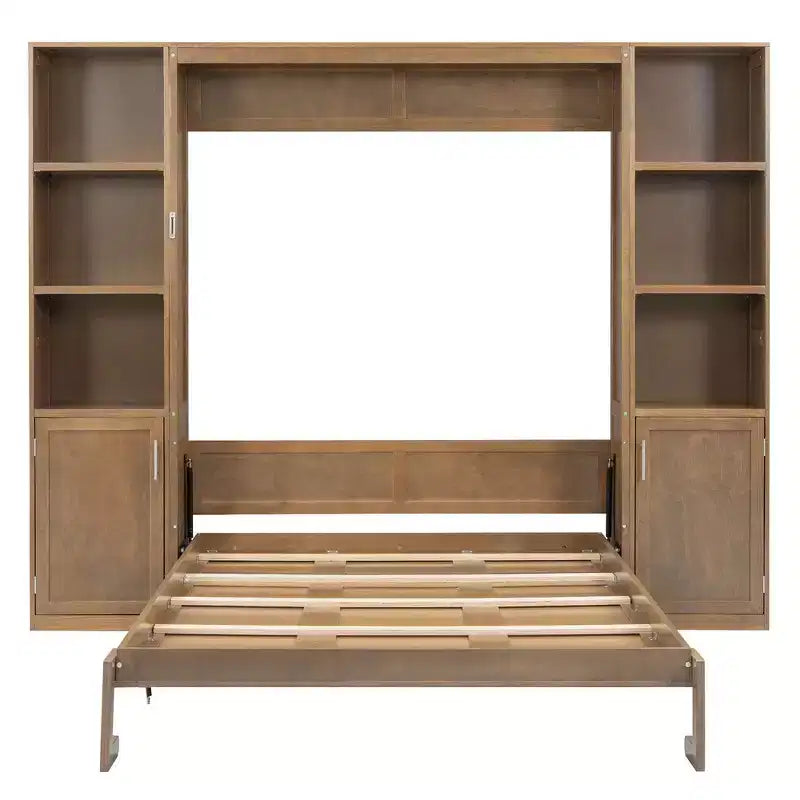 Lit escamotable en bois Whisen Queen et lit pliant avec étagères de rangement et armoires