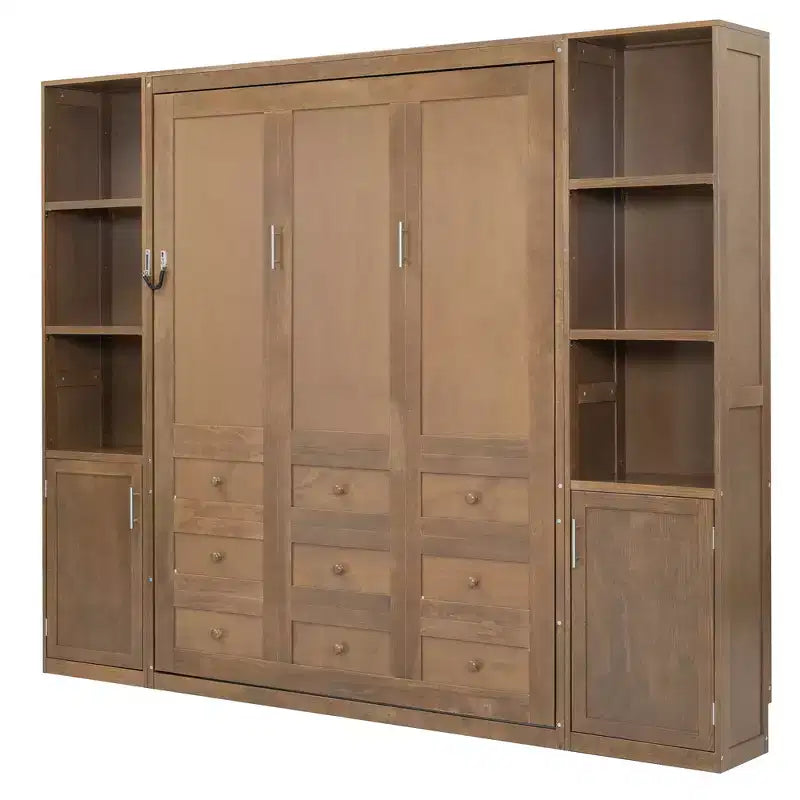 Lit escamotable en bois Whisen Queen et lit pliant avec étagères de rangement et armoires