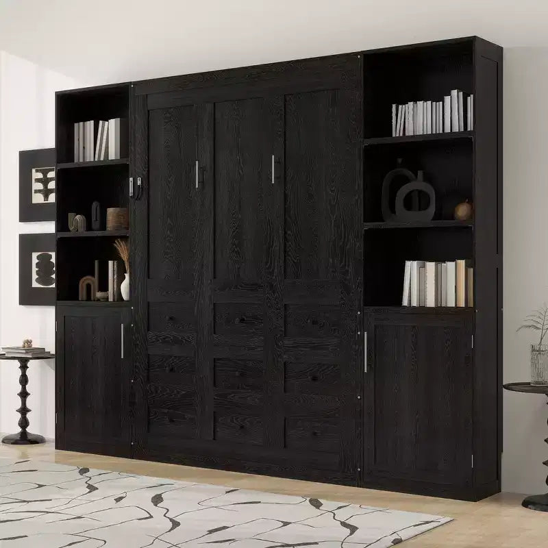 Lit escamotable en bois Whisen Queen et lit pliant avec étagères de rangement et armoires