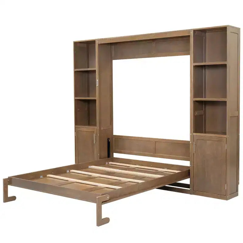 Lit escamotable en bois Whisen Queen et lit pliant avec étagères de rangement et armoires