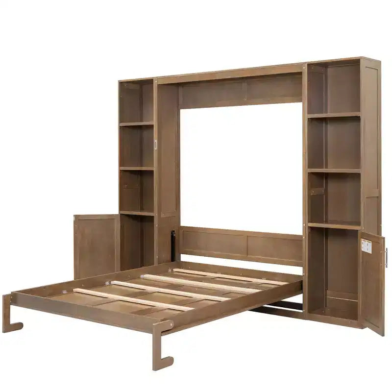 Lit escamotable en bois Whisen Queen et lit pliant avec étagères de rangement et armoires