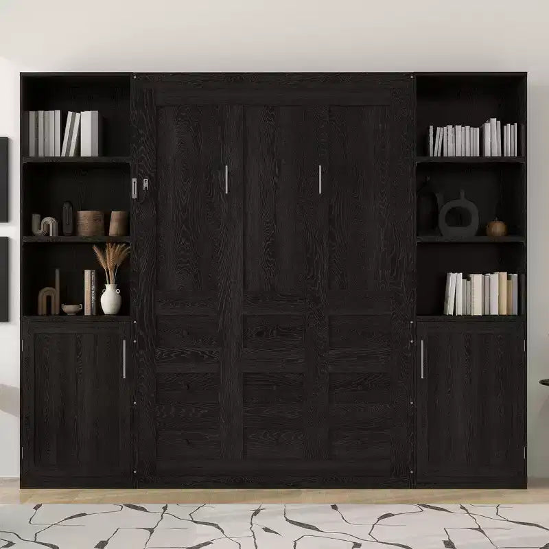 Lit escamotable en bois Whisen Queen et lit pliant avec étagères de rangement et armoires