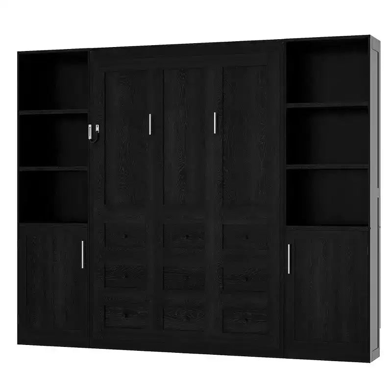 Lit escamotable en bois Whisen Queen et lit pliant avec étagères de rangement et armoires