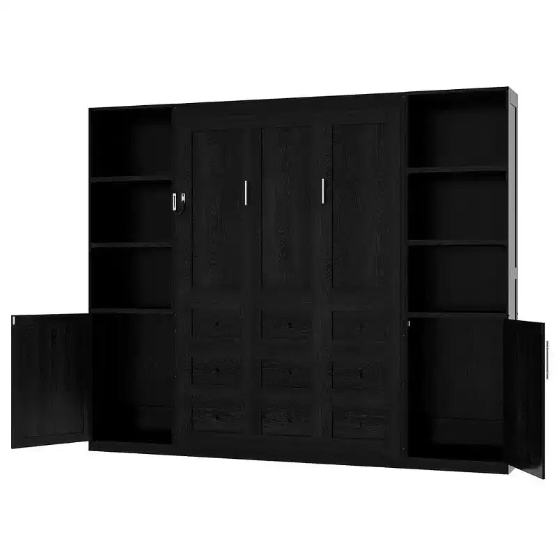 Lit escamotable en bois Whisen Queen et lit pliant avec étagères de rangement et armoires