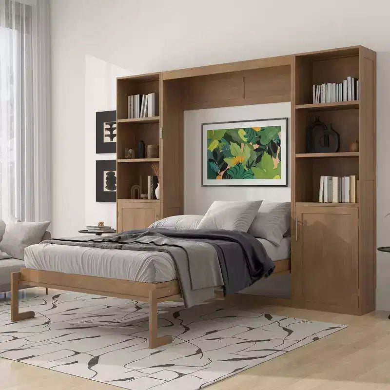 Lit escamotable en bois Whisen Queen et lit pliant avec étagères de rangement et armoires