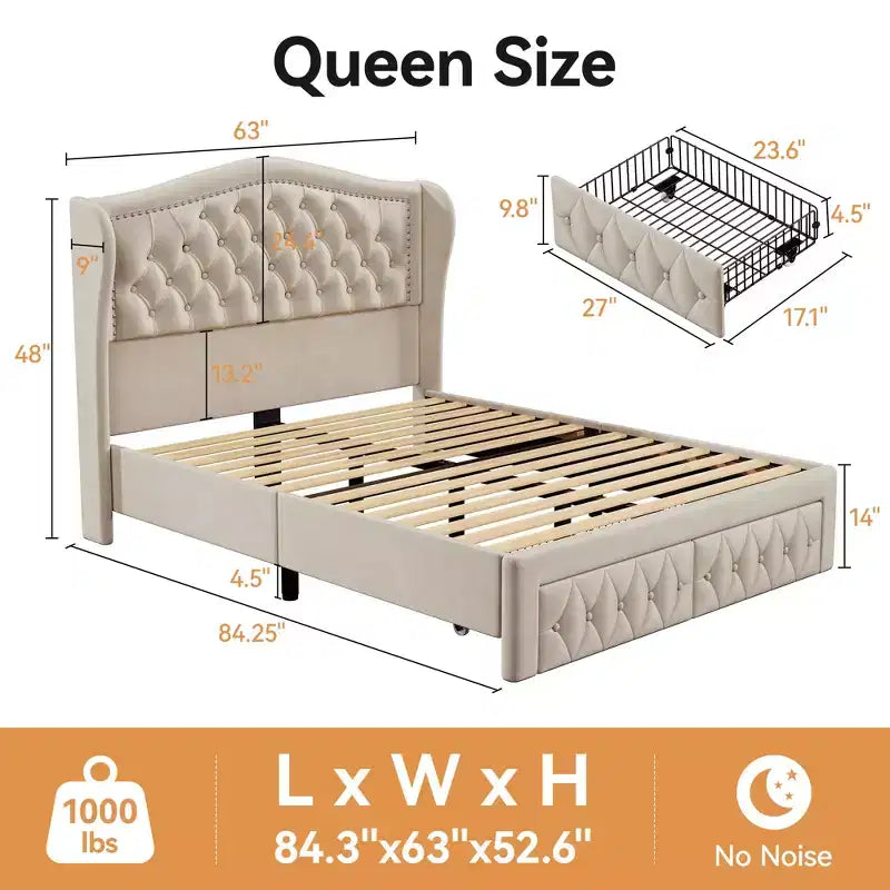Dyonery Lit Queen Size, Cadre de Lit Plateforme Rembourré en Velours avec 2 Tiroirs de Rangement, Tête de Lit Capitonnée Verticale et Ailée de 133,6 cm de Hauteur