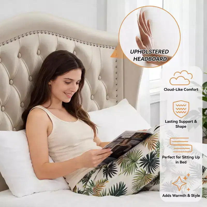 Dyonery Lit Queen Size, Cadre de Lit Plateforme Rembourré en Velours avec 2 Tiroirs de Rangement, Tête de Lit Capitonnée Verticale et Ailée de 133,6 cm de Hauteur