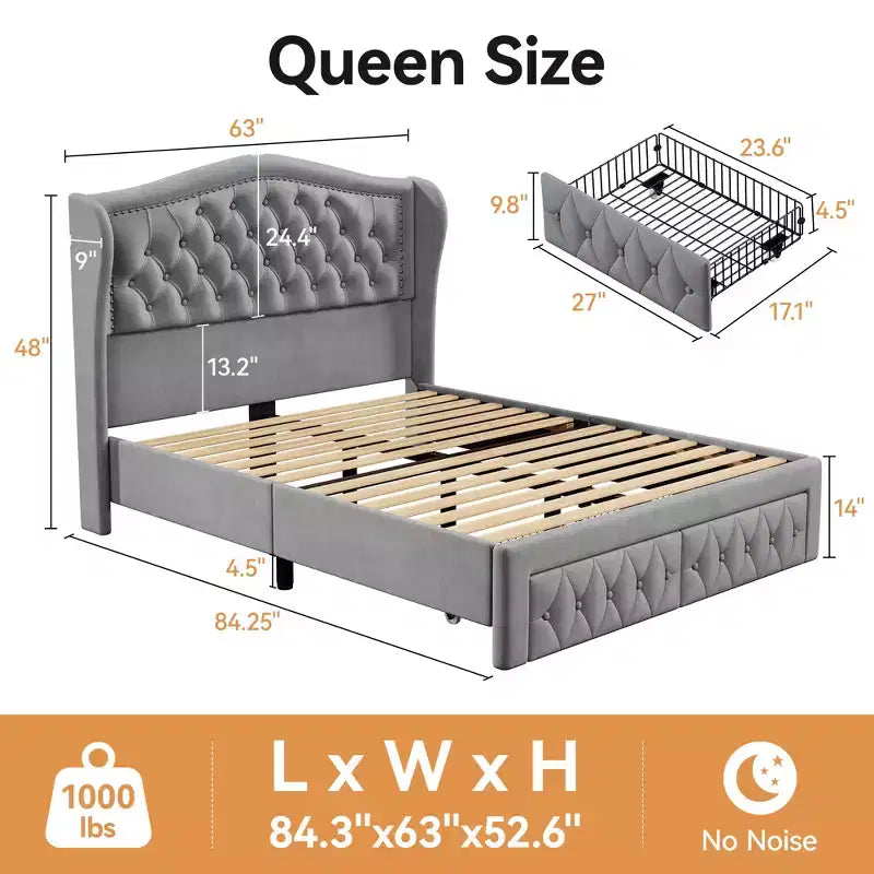 Dyonery Lit Queen Size, Cadre de Lit Plateforme Rembourré en Velours avec 2 Tiroirs de Rangement, Tête de Lit Capitonnée Verticale et Ailée de 133,6 cm de Hauteur