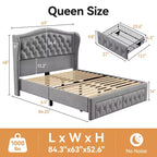 Dyonery Lit Queen Size, Cadre de Lit Plateforme Rembourré en Velours avec 2 Tiroirs de Rangement, Tête de Lit Capitonnée Verticale et Ailée de 133,6 cm de Hauteur