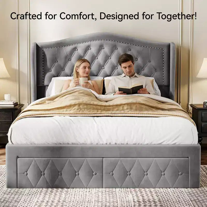 Dyonery Lit Queen Size, Cadre de Lit Plateforme Rembourré en Velours avec 2 Tiroirs de Rangement, Tête de Lit Capitonnée Verticale et Ailée de 133,6 cm de Hauteur