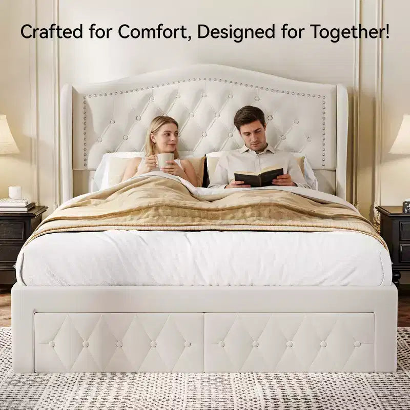 Dyonery Lit Queen Size, Cadre de Lit Plateforme Rembourré en Velours avec 2 Tiroirs de Rangement, Tête de Lit Capitonnée Verticale et Ailée de 133,6 cm de Hauteur