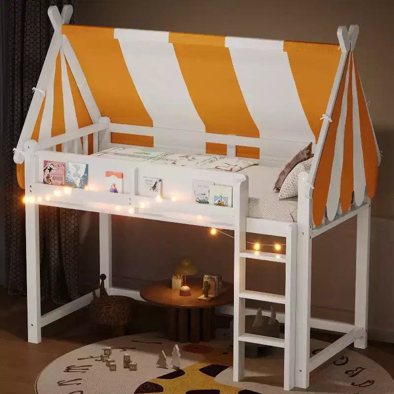 Lit mezzanine GDF Studio Beasley avec baldaquin, lumières DEL et étagère à livres