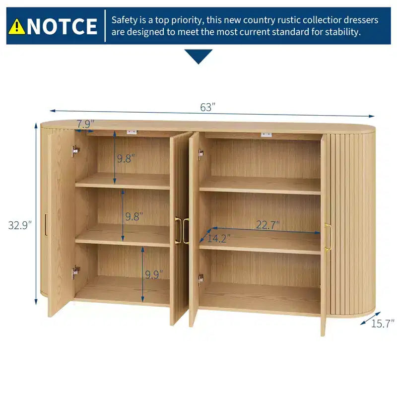 Buffet enfilade de 63 po avec rangement, crédence cannelée avec étagères réglables, buffet moderne aux bords incurvés, table console