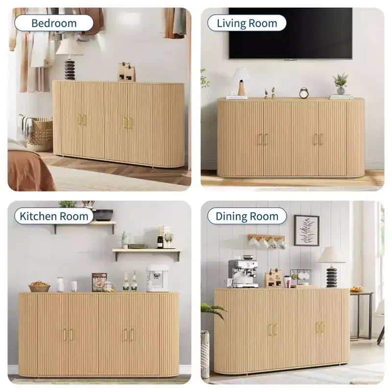 Buffet enfilade de 63 po avec rangement, crédence cannelée avec étagères réglables, buffet moderne aux bords incurvés, table console