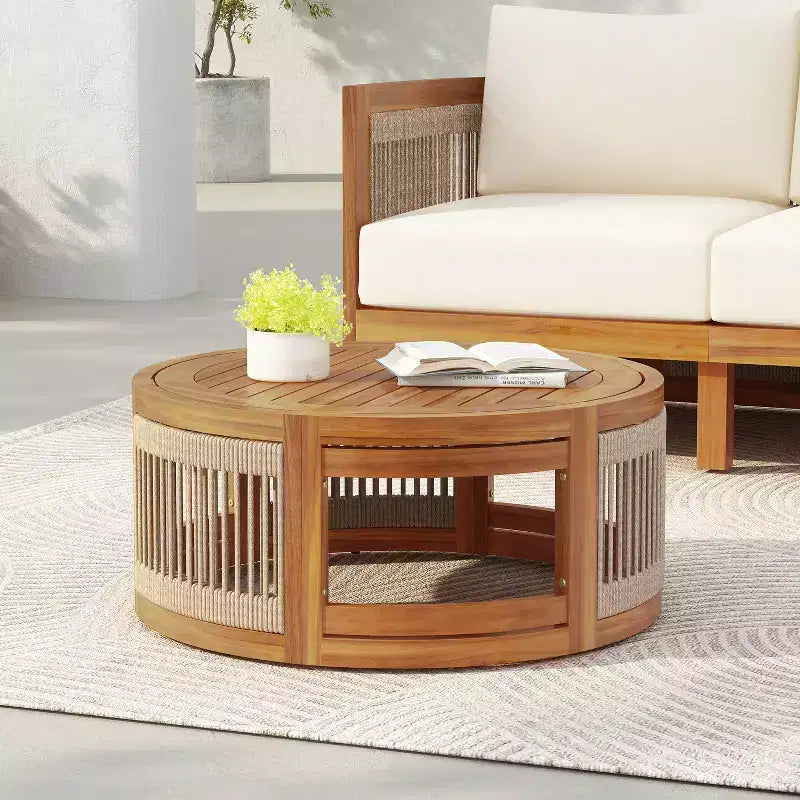 Table basse d'extérieur 70 cm en bois d'acacia avec accents en corde tressée, style bohème, pour patio