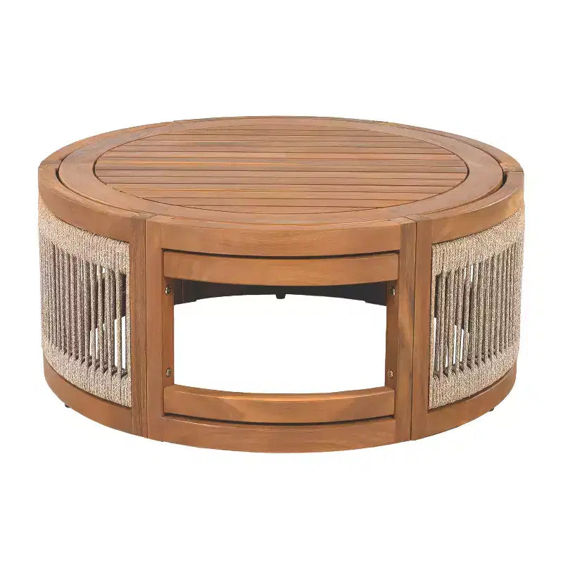 Table basse d'extérieur 70 cm en bois d'acacia avec accents en corde tressée, style bohème, pour patio