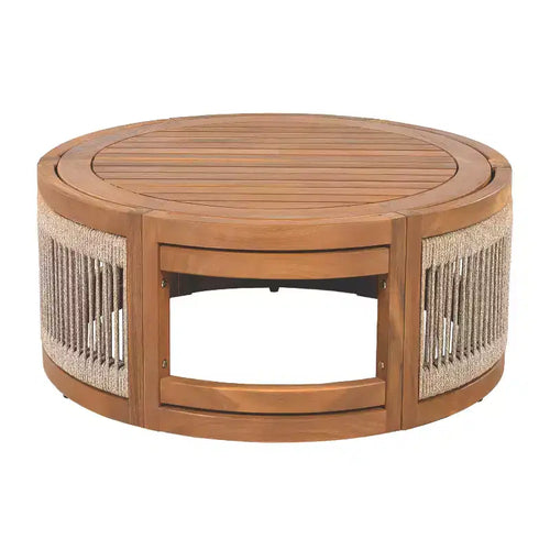 Table basse d'extérieur 70 cm en bois d'acacia avec accents en corde tressée, style bohème, pour patio