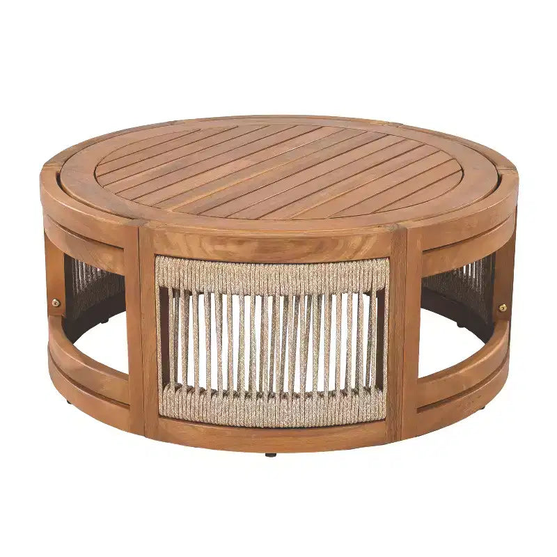Table basse d'extérieur 70 cm en bois d'acacia avec accents en corde tressée, style bohème, pour patio