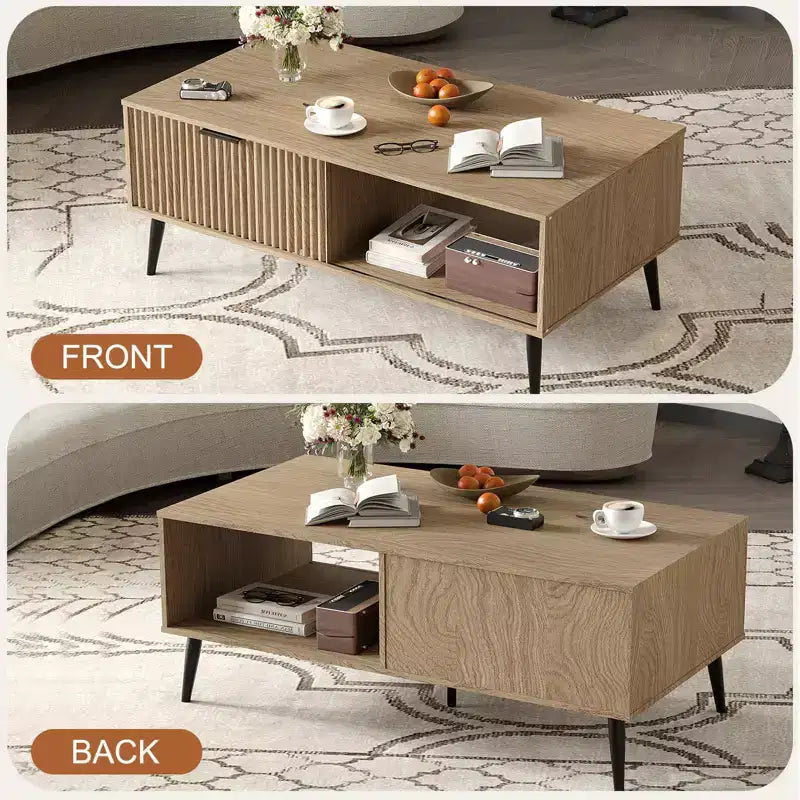 Table Basse avec Rangement, Table de Salon en Bois à 2 Niveaux Style Mid-Century Moderne avec Portes Coulissantes Ondulées