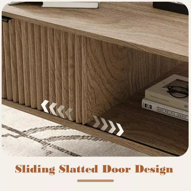 Table Basse avec Rangement, Table de Salon en Bois à 2 Niveaux Style Mid-Century Moderne avec Portes Coulissantes Ondulées