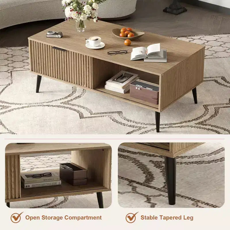 Table Basse avec Rangement, Table de Salon en Bois à 2 Niveaux Style Mid-Century Moderne avec Portes Coulissantes Ondulées