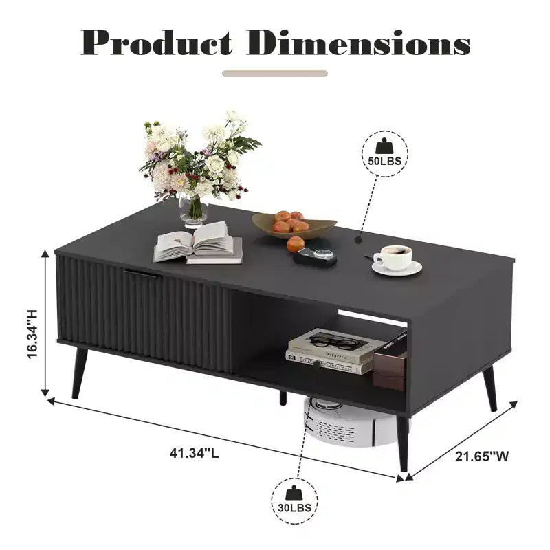 Table Basse avec Rangement, Table de Salon en Bois à 2 Niveaux Style Mid-Century Moderne avec Portes Coulissantes Ondulées