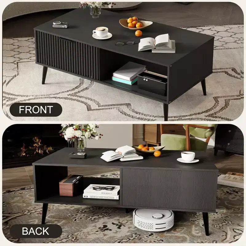 Table Basse avec Rangement, Table de Salon en Bois à 2 Niveaux Style Mid-Century Moderne avec Portes Coulissantes Ondulées