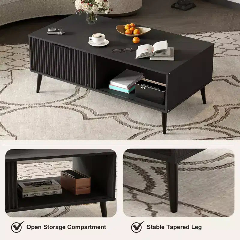 Table Basse avec Rangement, Table de Salon en Bois à 2 Niveaux Style Mid-Century Moderne avec Portes Coulissantes Ondulées