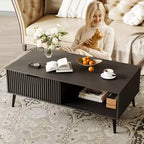 Table Basse avec Rangement, Table de Salon en Bois à 2 Niveaux Style Mid-Century Moderne avec Portes Coulissantes Ondulées