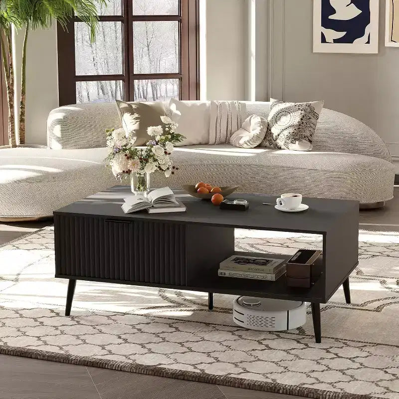 Coffee Table with Storage, Mid Century Modern 2-Tier Wooden Cocktail Table with Wave Sliding Doors