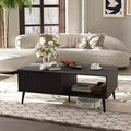 Coffee Table with Storage, Mid Century Modern 2-Tier Wooden Cocktail Table with Wave Sliding Doors