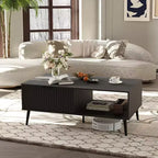 Coffee Table with Storage, Mid Century Modern 2-Tier Wooden Cocktail Table with Wave Sliding Doors
