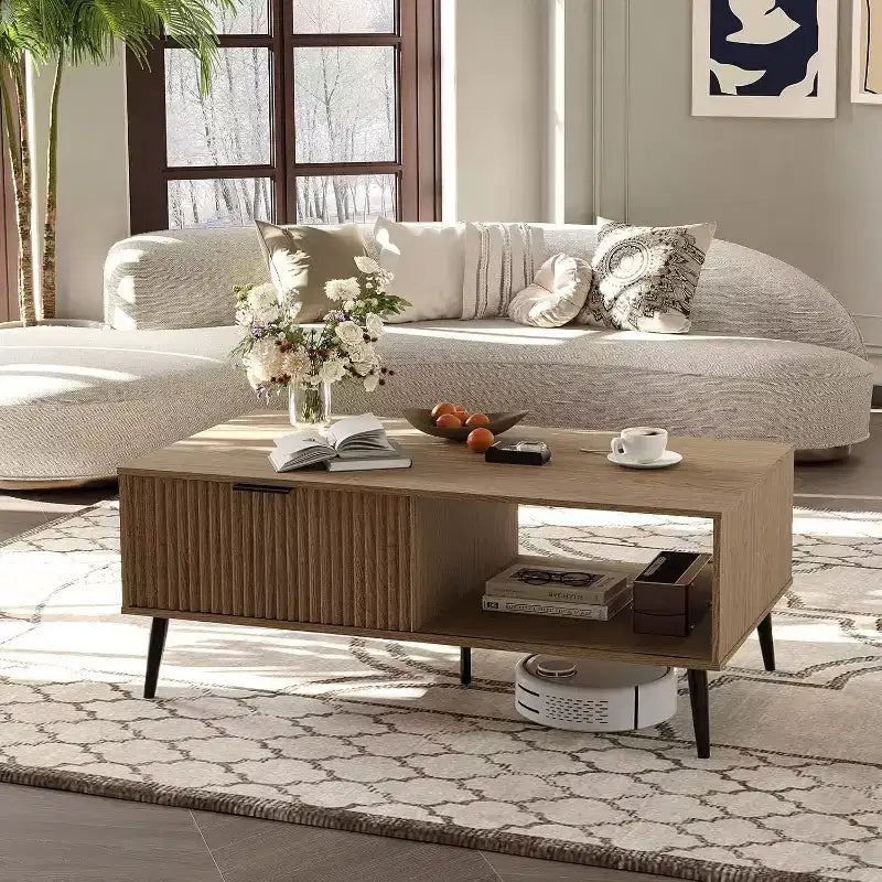 Table Basse avec Rangement, Table de Salon en Bois à 2 Niveaux Style Mid-Century Moderne avec Portes Coulissantes Ondulées