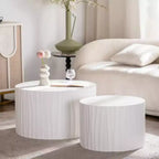 Set of 2 Round Nesting Coffee Tables with Handcrafted Relief Design for Living Room