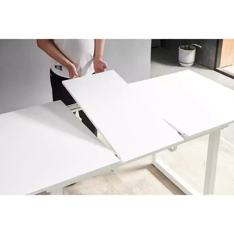 Table à manger carrée extensible avec pied en métal et plateau en MDF, design moderne et compact pour cuisine ou salon