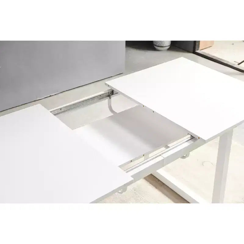 Table à manger carrée extensible avec pied en métal et plateau en MDF, design moderne et compact pour cuisine ou salon