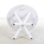 Table à manger mi-siècle de 107 cm avec plateau rond en MDF et pieds croisés, coloris marbre blanc, pour 4 à 6 personnes